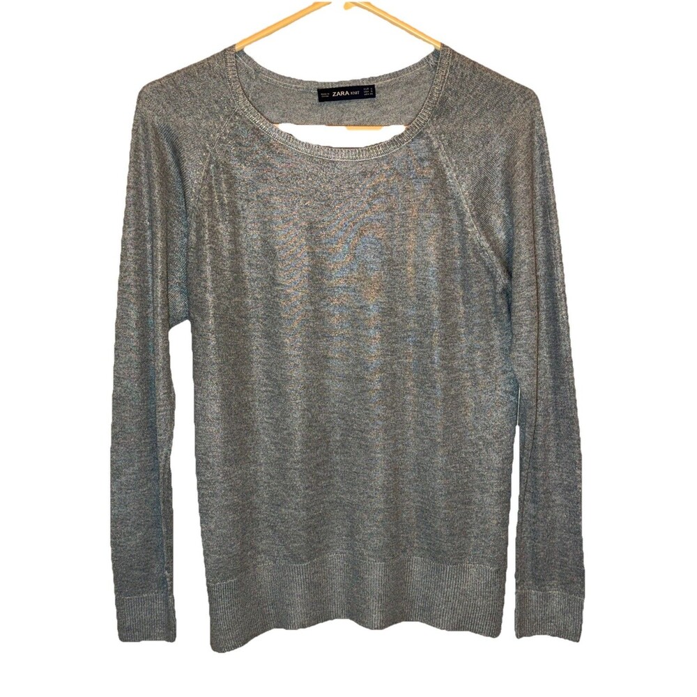 ZARA Women Sweater M Gray Gold Metallic Knit Slim Fit Pullover